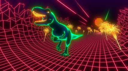 T-Rex dinosaur walks through a neon jungle. 80s retro style wallpaper background - obrazy, fototapety, plakaty