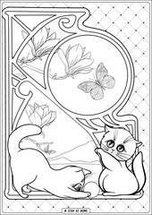 Cute cat in front of a window and slogan, tag stay at home. Coloring page for the adult and kids coloring book. Outline hand drawing vector illustration..