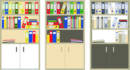 Set of three office cupboards in diffenet colors isolated. Vector flat illustration. Business and finance
