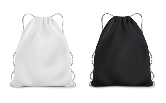 White black backpack bag on a rope. Sport bag mockup on white background.