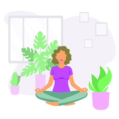 Obraz na płótnie Canvas Young beautiful woman doing meditation at home sitting in a yoga pose with home plants around. Healthy lifestyle and home yoga concept. Vector character flat illustration. 