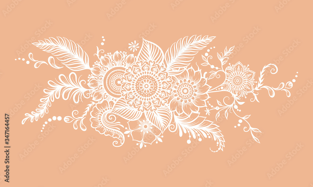 Wall mural eastern ethnic style compositions, mehendi, traditional indian white henna floral ornament. element 