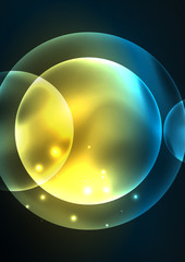 Glowing neon shiny transparent bubbles, glass circles or bio cell concept. Techno futuristic vector abstract background For Wallpaper, Banner, Background, Card, Book Illustration, landing page