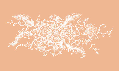 Eastern ethnic style compositions, mehendi, traditional indian white henna floral ornament. Element for design. Vector illustration.