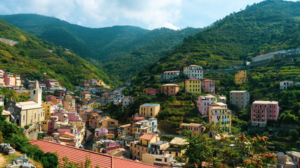 Fototapeta premium The wonderful views from the Cinque Terre, Liguria. Rio Maggiore, Monterosso al Mare, Vernazza; corniglia, Manarola are some of the most beautiful places on the Riviera. With their colorful houses.