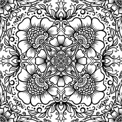 Fototapeta premium Eastern ethnic motif, traditional indian henna ornament. Seamless pattern, background in black and white colors. Outline vector illustration.