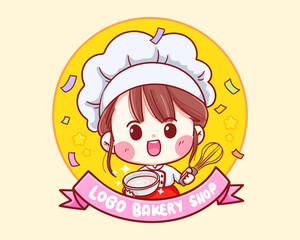 Cute Bakery chef girl smiling cartoon art illustration logo. Premium Vector