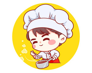 Cute Bakery chef boy taste smiling cartoon art illustration logo. Premium Vector