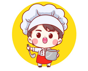 Cute Bakery chef boy Cooking smiling cartoon art illustration logo. Premium Vector