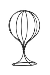 Subject shot of a black metal stand for wigs and hats. The accessory for headwear care is isolated...