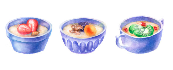 Watercolor Illustration. Botanical realistic. Can be used as  postcards, patterns. Healthy Organic Diet. Breakfast.