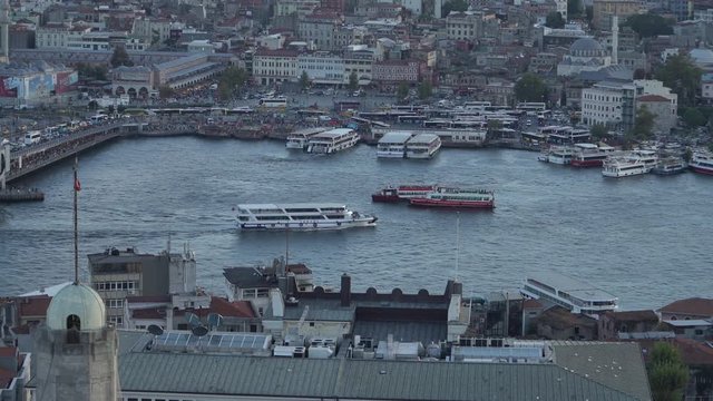 ISTANBUL, TURKEY, May 23rd 2018: The ferry docked evening from the coast of the European part of Istanbul. Embankment of the Bosphorus. Turkey.