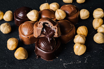 Homemade belgian chocolate. Close-up chocolate. Religious Holiday, The Sugar Feast After Ramadan. Top view. Copy space for text message.