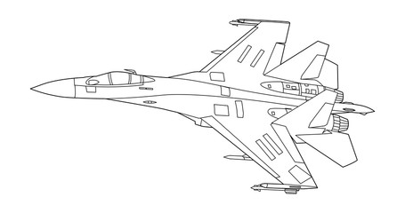 Vector line art airplane, concept design. Military plane black contour outline sketch illustration isolated on white background. Stroke without fill. Cower drawing. Black-white icon. Vehicle. Graphic