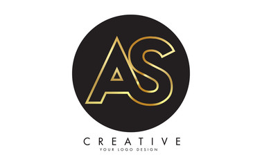 Golden Letters AS A S Logo with monogram design. Simple AS Icon with Black Circle.
