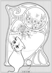 Cute cat in front of a window and slogan, tag stay at home. Coloring page for the adult and kids coloring book. Outline hand drawing vector illustration..