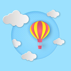 Travel banner! Beautiful  air balloons! Abstract paper art 3D vector illustration on blue background. Design for poster, magazine, brochure, booklet