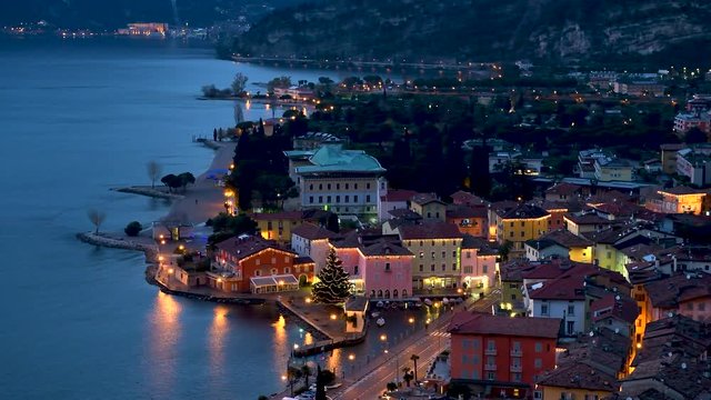 Christmas lights adorning the city center and Torbole Street, View of the beautiful Torbole town by night,Trento,Italy
