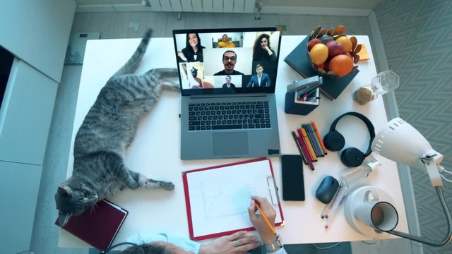 Zoom, videocall , video conference, online meeting, working remotely concept. Female worker talks to her colleagues via laptop during coronavirus pandemic.