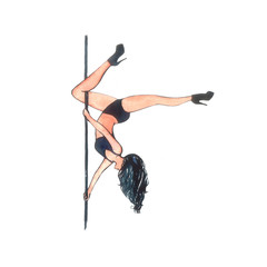 Pole dance girl with long dark hair dancing on pole, wearing blue-black swim suit. Watercolor illustration - isolated element on white background
