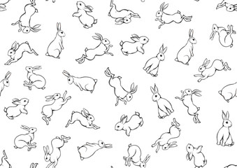 Seamless pattern, background with cute rabbits, hares. Colored vector illustration.