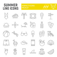 Summer thin line icon set, travel symbols collection, vector sketches, logo illustrations, beach icons, tourism signs linear pictograms package isolated on white background