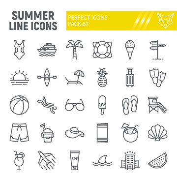 Summer line icon set, travel symbols collection, vector sketches, logo illustrations, beach icons, tourism signs linear pictograms package isolated on white background.