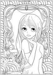 Woman portrait in front of a window and slogan, tag stay at home. Coloring page for the adult coloring book. Outline hand drawing vector illustration..