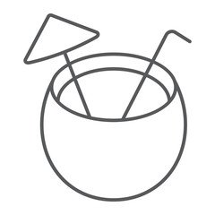 Coconut Cocktail thin line icon, summer and beach, cocktail drink sign vector graphics, a linear icon on a white background, eps 10.