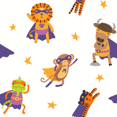 Hand drawn seamless vector pattern with cute animal superheroes, on a white background. Scandinavian style flat design. Concept for children textile print, wallpaper, wrapping paper, packaging.