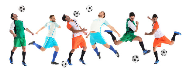 Fototapeta na wymiar Collage with photos of young men playing football on white background. Banner design