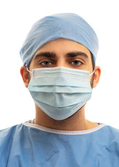 Doctor with surgical mask isolated on white background. Medical staff protective gear against coronavirus COVID 19