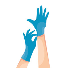 Human hands wearing blue latex medical gloves. Infection and virus protection. Coronavirus COVID-19 prevention. Vector illustration isolated on white background.
