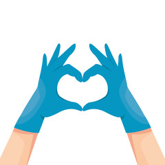 Human hands in blue latex medical gloves show a heart symbol vector illustration. Doctors thanks concept. Isolated on white background. Arms in the form of heart.