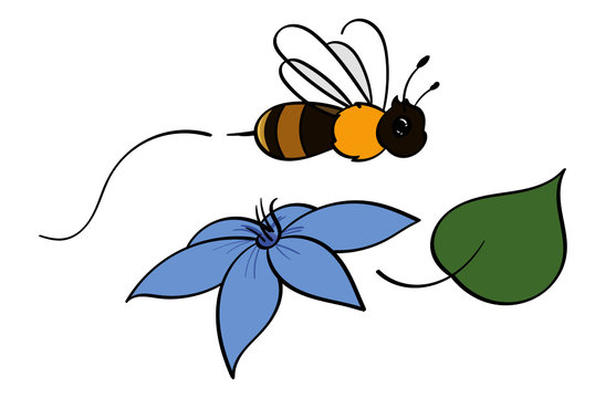 Cartoon Honeybee flying over a periwinkle flower