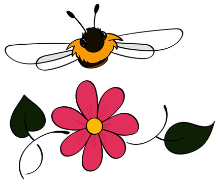 Cartoon honeybee flying over a pink cosmo flower