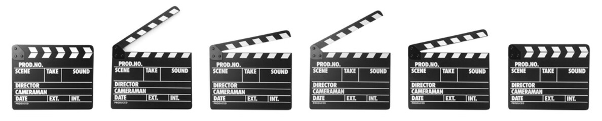 Set of clapper boards on white background, banner design. Cinema production