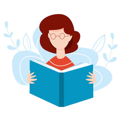 Fototapeta na wymiar Girl with open book in her hands. Woman reading a book. Online learning concept. Home education vector illustration. Internet education, training, e-learning concept.