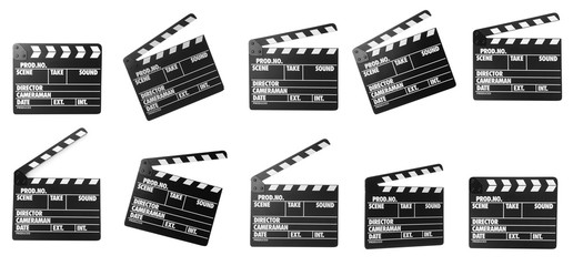 Set of clapper boards on white background, banner design. Cinema production