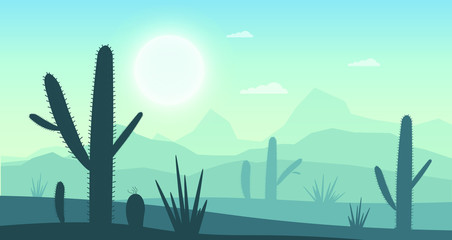 Mexican landscape desert with cacti, mountains and sun vector background.