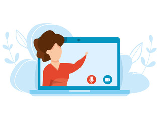 Vector concept of online education. Distance learning. Teacher on laptop explains a distance online lesson. Concept of self education. Graduation and web courses. Internet webinar.