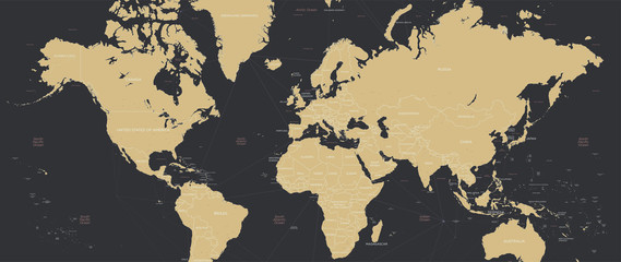 Gedetailleerde wereldkaart in retro kleuren met randen en landnamen, breedbeeld vectorillustratie 21-9