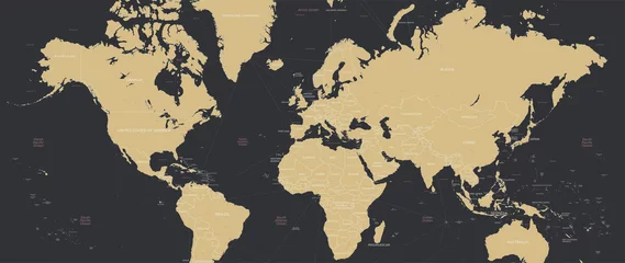 Selbstklebende Fototapete Weltkarte Detaillierte Weltkarte in Retro-Farben mit Grenzen und Ländernamen, Widescreen-Vektorillustration 21-9