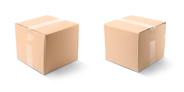 New closed cardboard boxes on white background