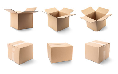 Set of cardboard boxes on white background - obrazy, fototapety, plakaty