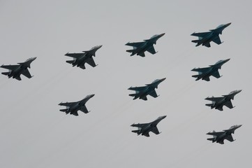 Fototapeta na wymiar Tactical wing consisting of a group of Su-30SM and Su-35S fighters, and SU-34 bombers during a parade on the 75th anniversary of the Victory fly in the sky over Red Square
