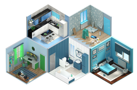 3D Rendering concept Isometric interior room.