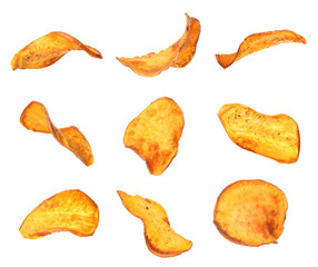 Set of sweet potato chips on white background