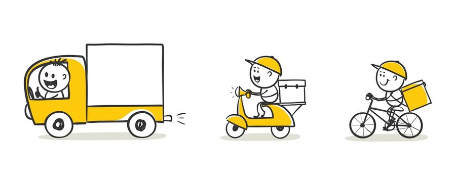 Fast delivery service. Delivery of goods by truck, scooter, bicycle, set vector illustration.