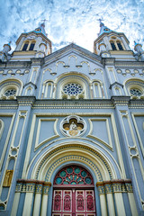 View of the facade of the San Alfonso church in Cuenca, Ecuador. Constructed in the late 1800s, the church is located about a block from the city's central square Calderon Park.